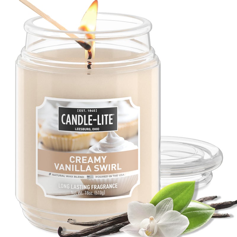 Candlelite Fall Scented Candles Creamy Vanilla Swirl 18 oz Jar Proudly Poured in The USA Aromatherapy Candle SingleWick with 110 Hours of Burn Time Perfect for Creating a Relaxing Ambiance
