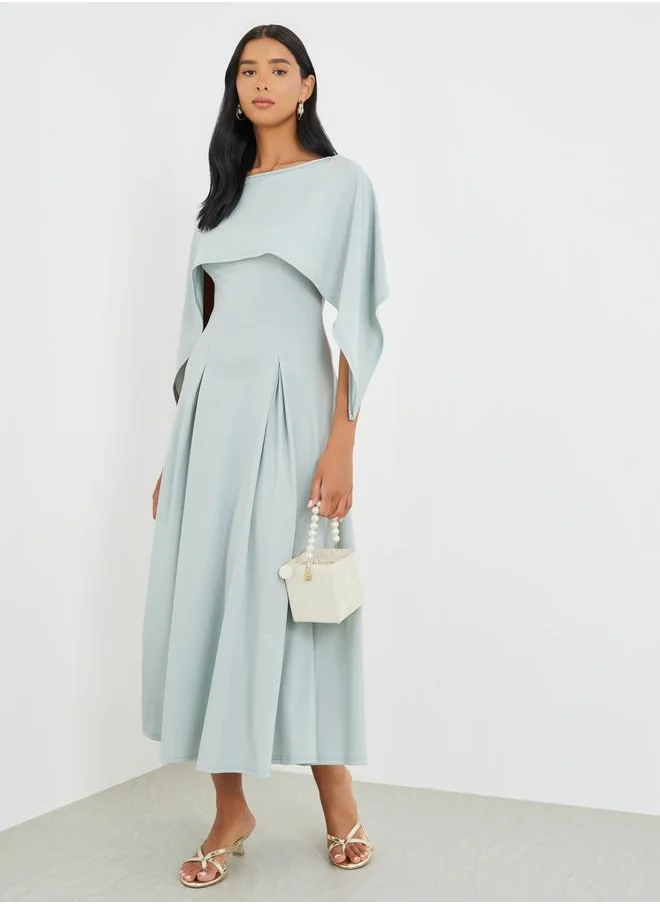 تايك تو Take Two Solid Cape Sleeve Pleated Detail Midi Dress