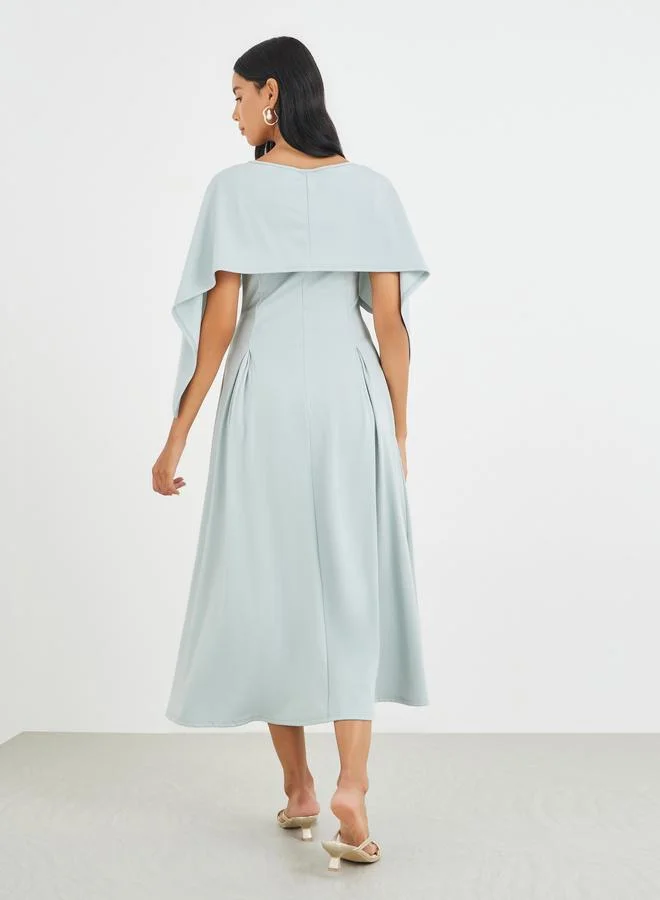 Take Two Take Two Solid Cape Sleeve Pleated Detail Midi Dress