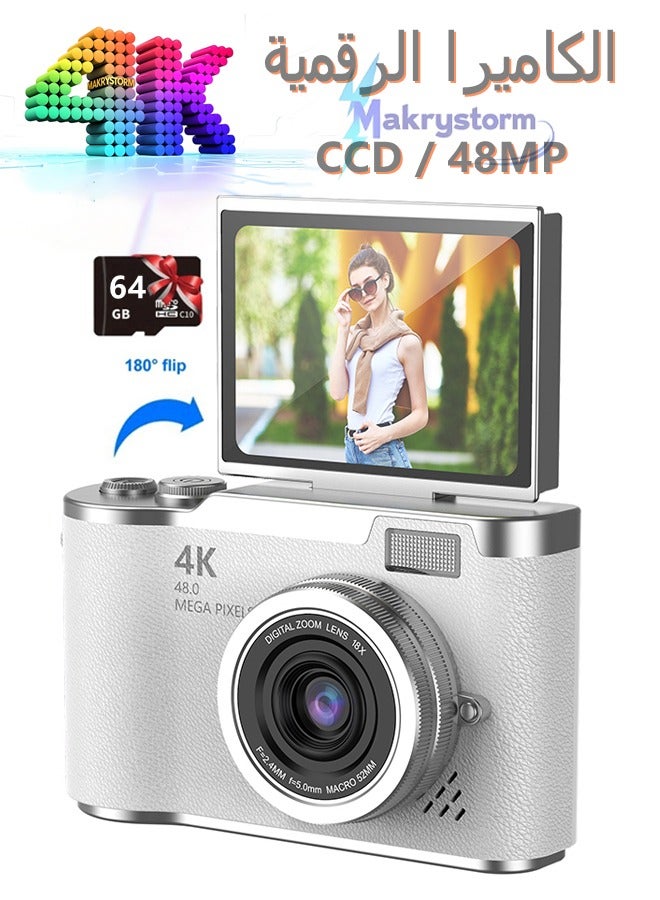 Makrystorm 4k CCD Digital Zoom Student Digital Camera 48MP Portable Digital Photography Camera 180° Flip Screen Selfie Camera，With 64GB SD card  - Image 1