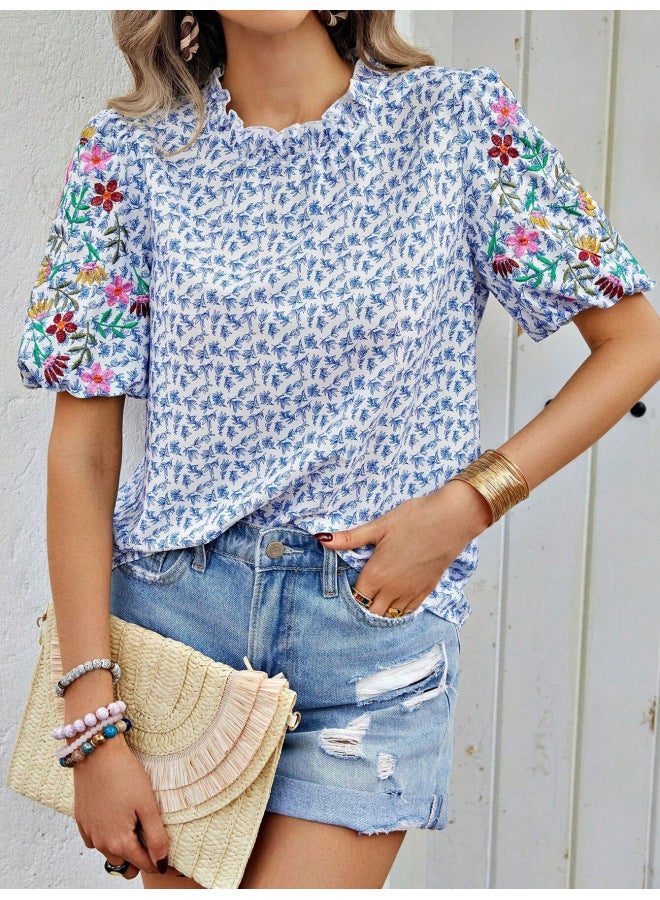 High Neck Color-Block Top – Embroidered Print, Buckle Detail