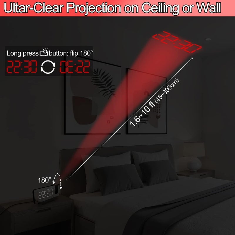 CENTOLLA Projection Alarm Clock for Bedroom, 7.4 Inch Large LED Display With Ceiling Projection, 180 Projector, USB Charger, Dimmer, Dual Alarms for Desk Decor (Plug Not Included) - Image 3