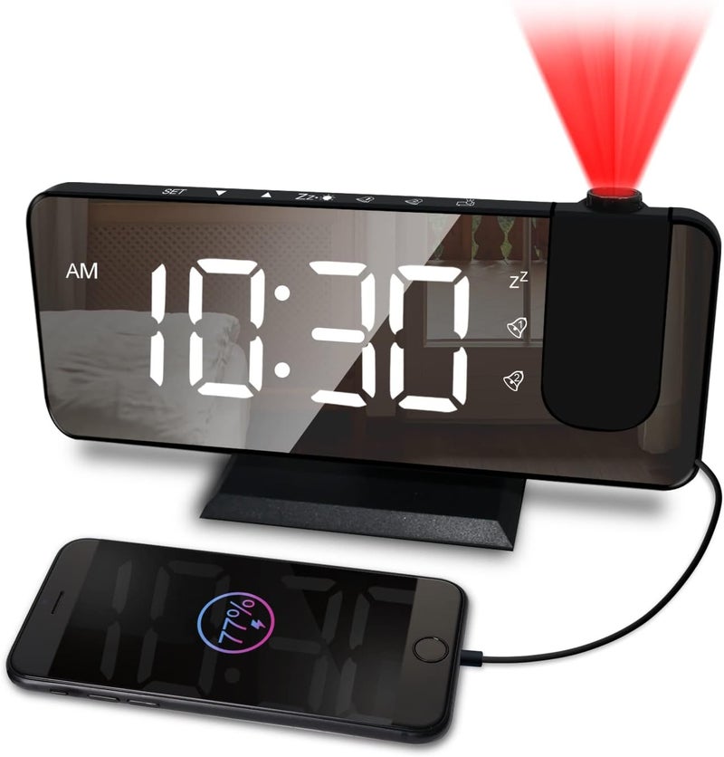 CENTOLLA Projection Alarm Clock for Bedroom, 7.4 Inch Large LED Display With Ceiling Projection, 180 Projector, USB Charger, Dimmer, Dual Alarms for Desk Decor (Plug Not Included) - Image 1