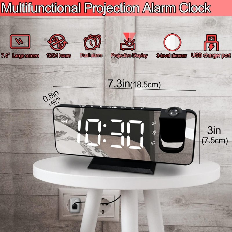 CENTOLLA Projection Alarm Clock for Bedroom, 7.4 Inch Large LED Display With Ceiling Projection, 180 Projector, USB Charger, Dimmer, Dual Alarms for Desk Decor (Plug Not Included) - Image 2