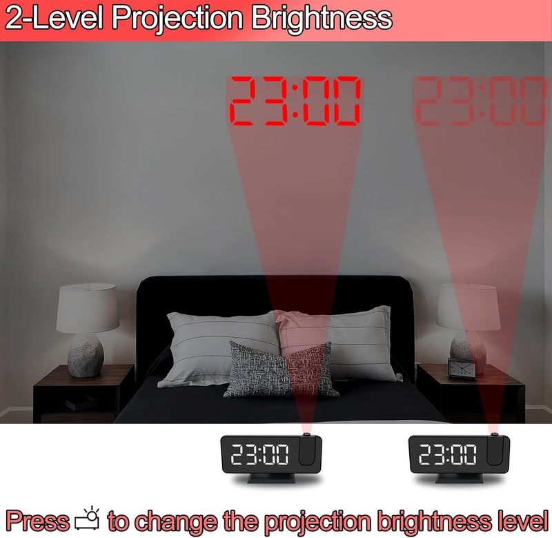 CENTOLLA Projection Alarm Clock for Bedroom, 7.4 Inch Large LED Display With Ceiling Projection, 180 Projector, USB Charger, Dimmer, Dual Alarms for Desk Decor (Plug Not Included) - Image 4