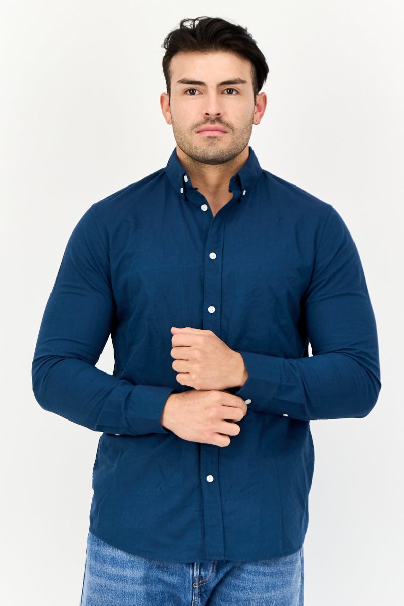 Algspar Men Regular Fit Solid Long Sleeves Casual Shirt, Navy Blue - Image 1