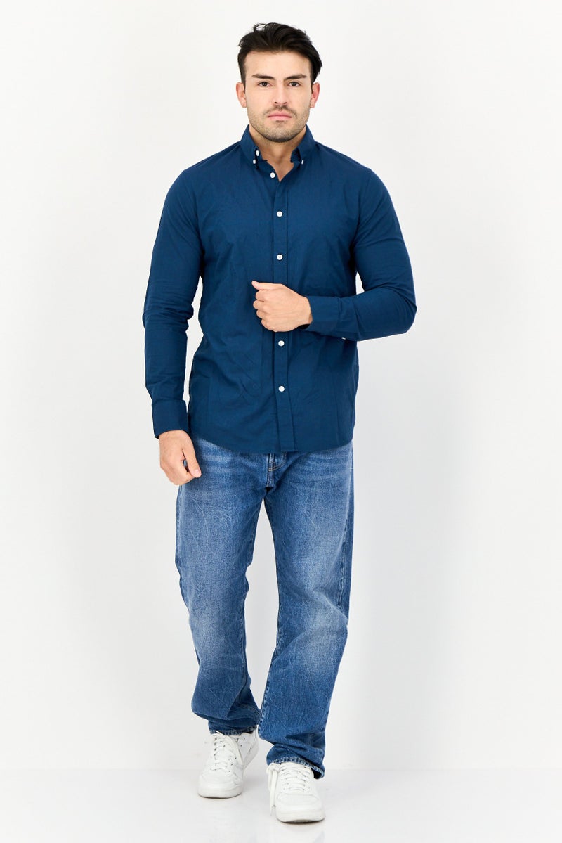 Algspar Men Regular Fit Solid Long Sleeves Casual Shirt, Navy Blue - Image 2