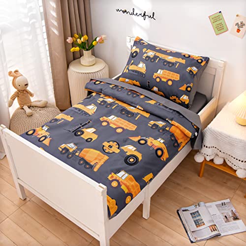 NTBED 4 Pieces Construction Toddler Bedding Set for Baby Boys, Truck Vehicles Excavator Cars Printed, Includes Comforter, Flat Sheet, Fitted Sheet and Pillowcase,Grey - Image 2