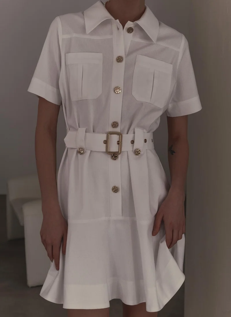 Linen mini dress with wide belt