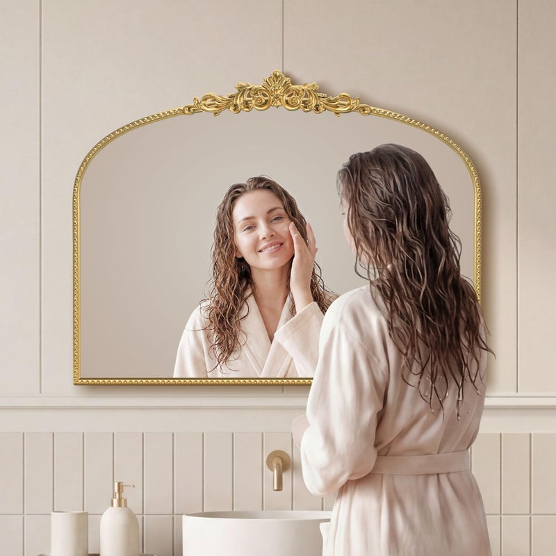 Wemily مرآة تجميل قديمة من ويملي ذهبية 32x24 بوصة، إطار مزخرف بتاج صدفي وخرز، مرآة أفقية زخرفية عتيقة للحمام، غرفة النوم، المدخل، جدار المدفأة - Image 5