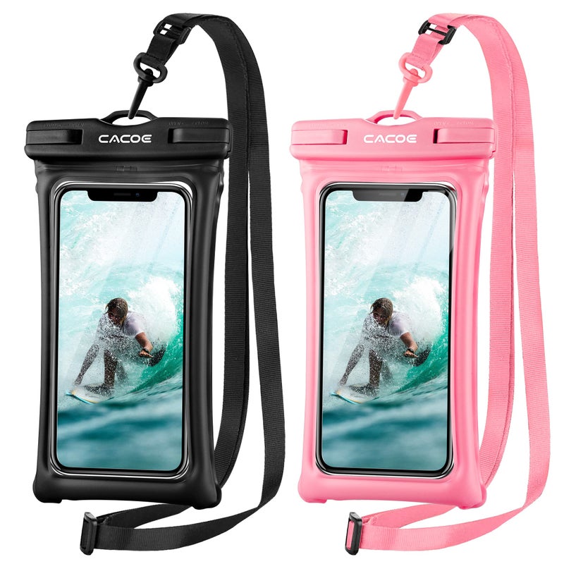 CACOE [Floatable] Floating Universal Waterproof Phone case 2 Pack-Up to 7.0",Phone Pouch with Adjustable Neck Lanyard,IPX8 Cellphone Dry Bags for Vacation Water Activitiesï¼ˆBlack+Pinkï¼‰ - Image 1