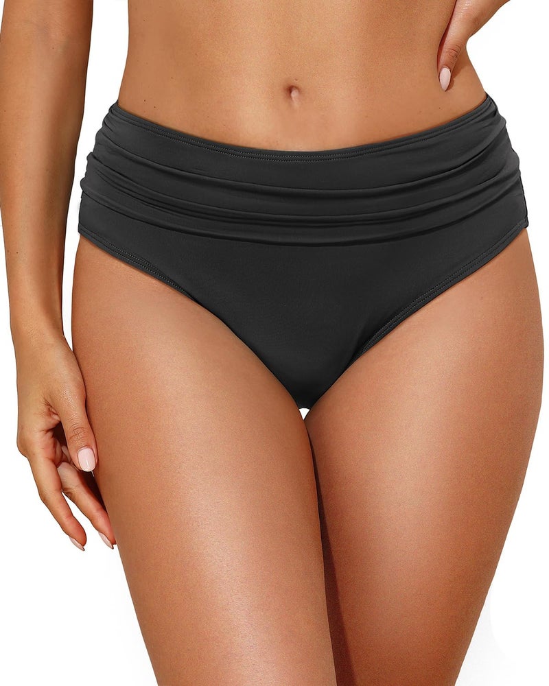 Tempt Me Women Black Mid Rise Bikini Bottoms Full Coverage Swimsuit Ruched Scrunch Swim Bottom M - Image 1