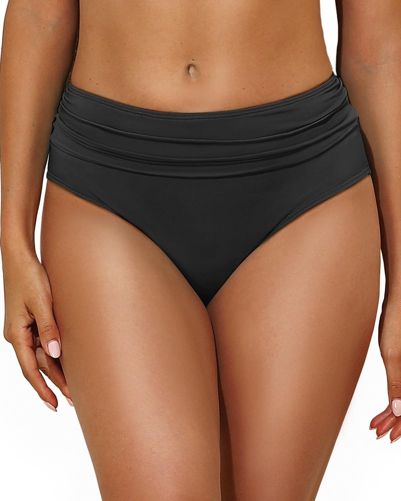 Tempt Me Women Black Mid Rise Bikini Bottoms Full Coverage Swimsuit Ruched Scrunch Swim Bottom M - Image 5