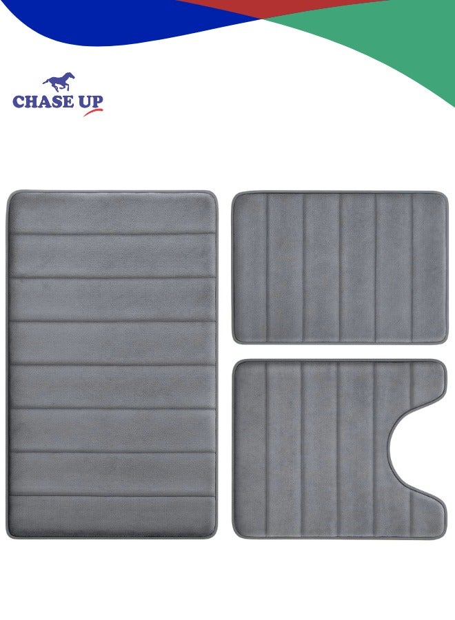 Chase Up Bathroom Rug Set Memory Foam Non Slip Extra Soft Absorbent Machine Washable and Dry Pedestal Mat Set for Bathroom Floor Grey 3 Pieces - Image 1