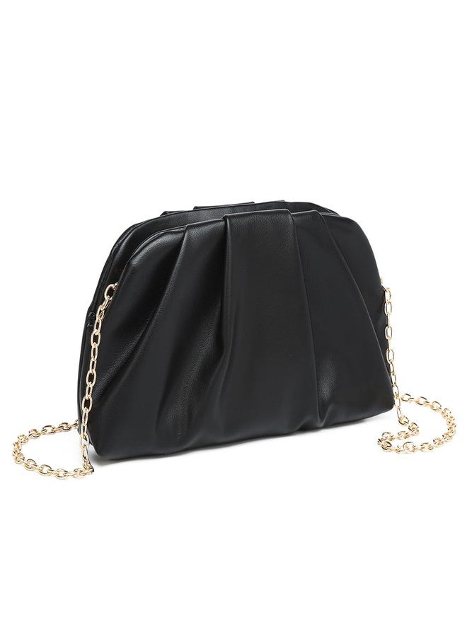 Dreubea Women's Fashion Cloud Shape Evening Bag Charming Fold Leather Clutch Handbag with Chain Black - Image 3