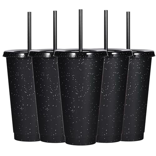 Suertestarry Tumbler with Straw and Lid,Water Bottle Iced Coffee Travel Mug Cup,Reusable Plastic Cups,Perfect for Parties,Birthdays,24oz-5 Pack (Black, 5pack) - Image 1