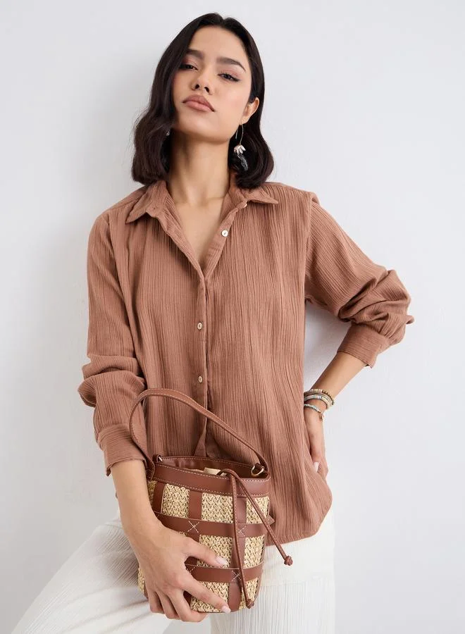 Styli Styli Women Brown Textured Oversized Shirt
