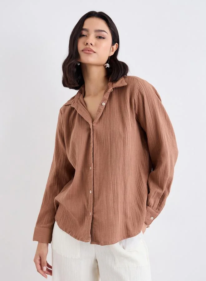 ستايلي Styli Women Brown Textured Oversized Shirt