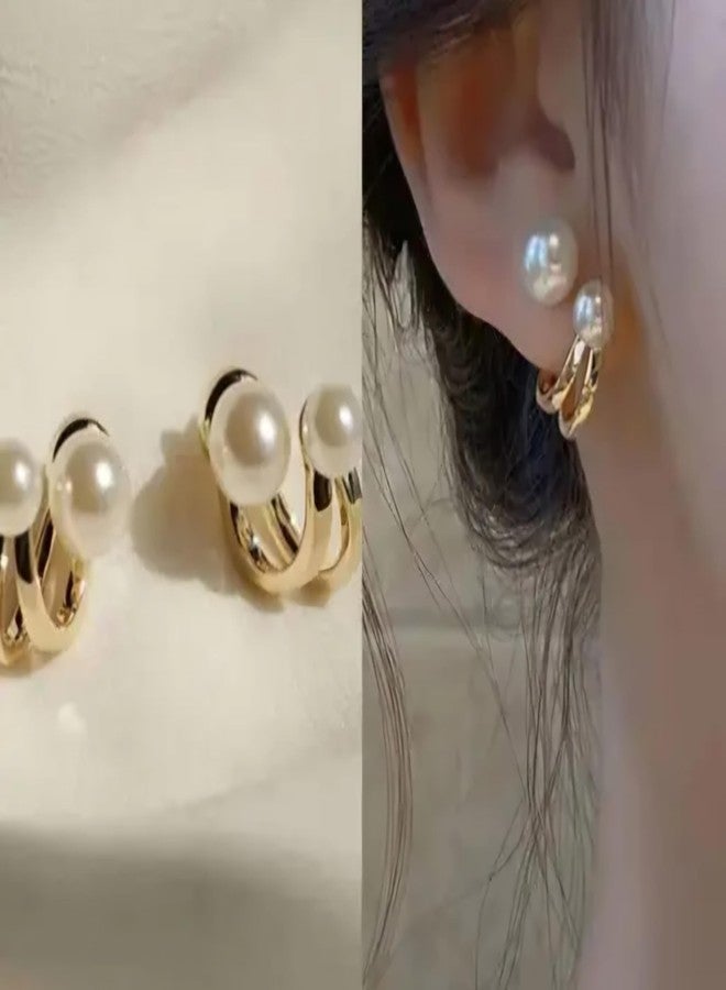 KHUSHA CREATIONS Korean Stylish Minimalist Pearl Hoop Earrings for Women - Elegant Gold-Tone Double Pearl Studs - Stylish Lightweight Jewelry for Office, college & Parties - Image 4
