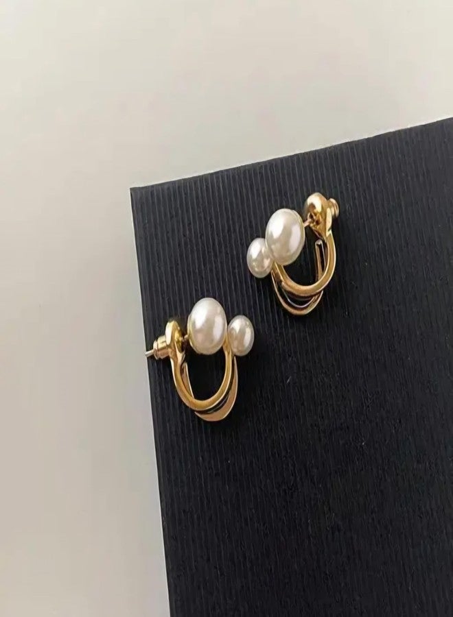 KHUSHA CREATIONS Korean Stylish Minimalist Pearl Hoop Earrings for Women - Elegant Gold-Tone Double Pearl Studs - Stylish Lightweight Jewelry for Office, college & Parties - Image 3