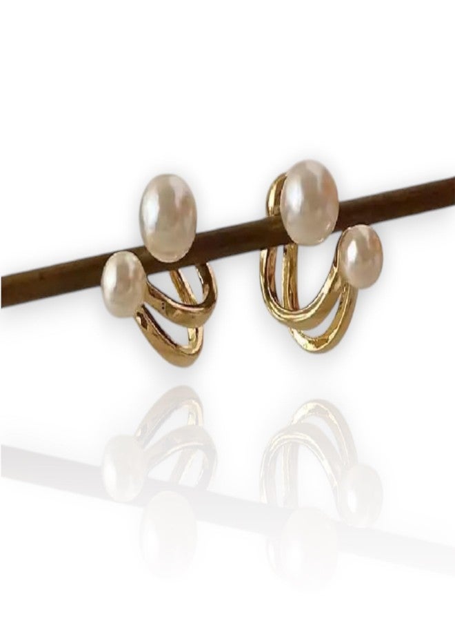 KHUSHA CREATIONS Korean Stylish Minimalist Pearl Hoop Earrings for Women - Elegant Gold-Tone Double Pearl Studs - Stylish Lightweight Jewelry for Office, college & Parties - Image 2