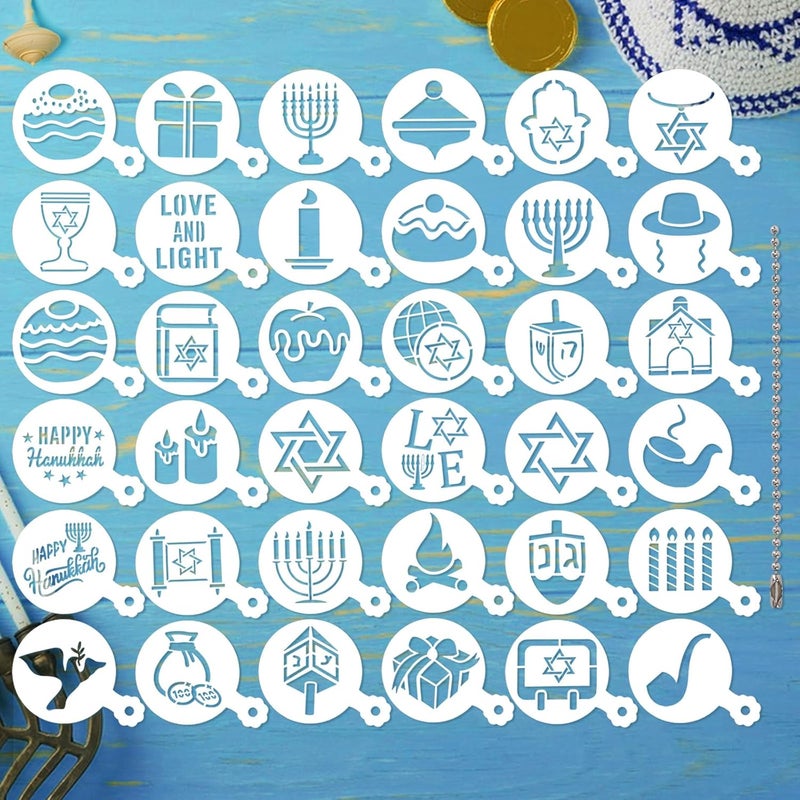 JULBEAR 36 Pcs Reusable Hanukkah Cake Cookie Stencils Dreidel Menorah for Cookies Coffee DIY Hanukkah Holiday Baking Painting Dessert Craft Decoration - Image 1