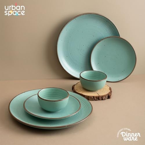 Urban Space Handmade 6 Piece Ceramic Dinner Set - 2 Dinner Plates (10 Inch), 2 Katori Bowls (200 ml), 2 Quarter Plates (7 Inch) - Microwave & Dishwasher Safe (Ocean Green) - Image 2