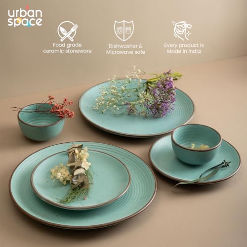 Urban Space Handmade 6 Piece Ceramic Dinner Set - 2 Dinner Plates (10 Inch), 2 Katori Bowls (200 ml), 2 Quarter Plates (7 Inch) - Microwave & Dishwasher Safe (Ocean Green) - Image 3