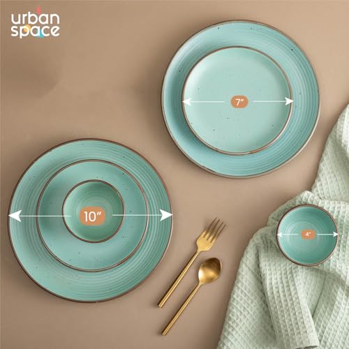 Urban Space Handmade 6 Piece Ceramic Dinner Set - 2 Dinner Plates (10 Inch), 2 Katori Bowls (200 ml), 2 Quarter Plates (7 Inch) - Microwave & Dishwasher Safe (Ocean Green) - Image 4