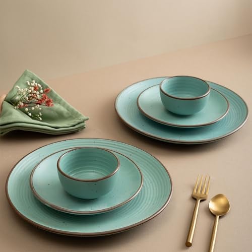 Urban Space Handmade 6 Piece Ceramic Dinner Set - 2 Dinner Plates (10 Inch), 2 Katori Bowls (200 ml), 2 Quarter Plates (7 Inch) - Microwave & Dishwasher Safe (Ocean Green) - Image 1
