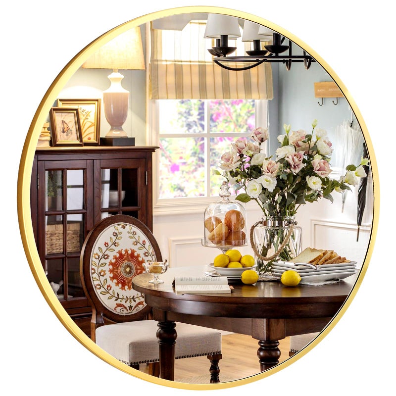 XRAMFY 30 Inch Round Mirror - Circle Mirrors for Bathroom, Entryway and Living Room Wall Decor, Modern Hanging Vanity Mirror, Matte Gold Circle Decorative Wall Mirror - Image 3