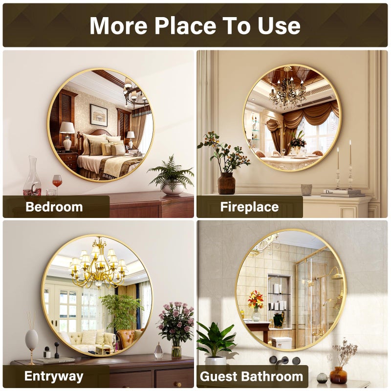 XRAMFY 30 Inch Round Mirror - Circle Mirrors for Bathroom, Entryway and Living Room Wall Decor, Modern Hanging Vanity Mirror, Matte Gold Circle Decorative Wall Mirror - Image 4