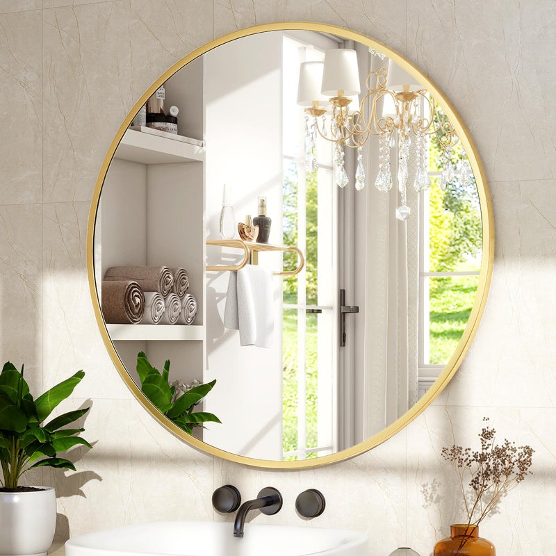 XRAMFY 30 Inch Round Mirror - Circle Mirrors for Bathroom, Entryway and Living Room Wall Decor, Modern Hanging Vanity Mirror, Matte Gold Circle Decorative Wall Mirror - Image 2