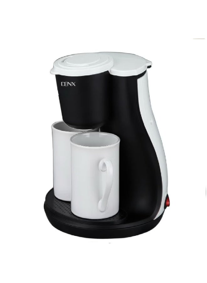 Dinex DENX DX3414 Mini Drip Coffee Maker – 450W Portable Electric Single/Double Cup Coffee & Tea Machine, 240ml Capacity, Permanent High-Density Filter, Includes 2 Porcelain Cups, Compact for Home & Office - Image 1