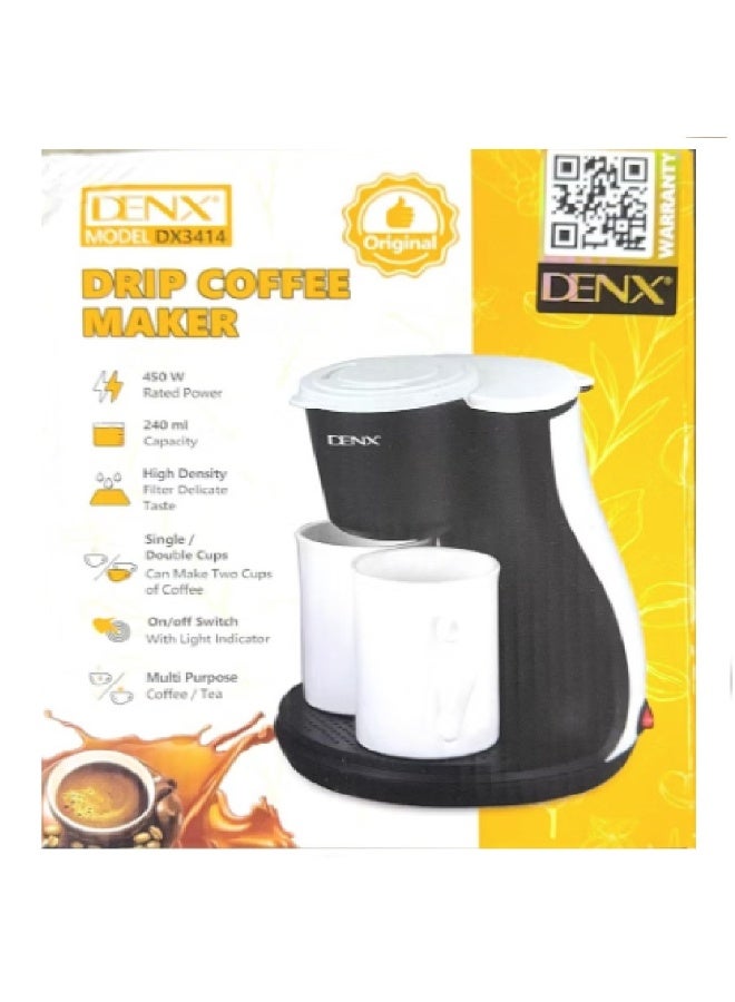 Dinex DENX DX3414 Mini Drip Coffee Maker – 450W Portable Electric Single/Double Cup Coffee & Tea Machine, 240ml Capacity, Permanent High-Density Filter, Includes 2 Porcelain Cups, Compact for Home & Office - Image 3