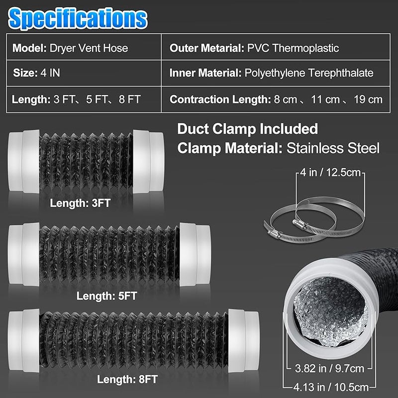 4Inch Flexible Dryer Vent Hose, 5FT 6-Layer Aluminum Dryer Duct with Rubber Seals Connectors, Heat-Resistant Exhaust Hose for Tight Spaces, Universal Dryer Hose Vent Kit - with 2 Clamps - Image 2