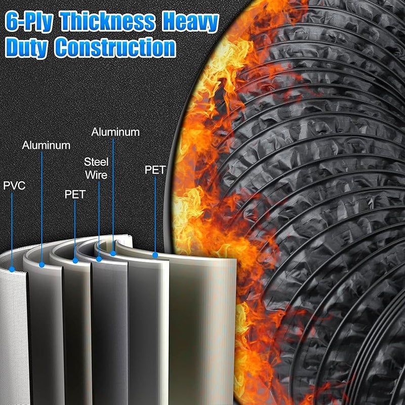 4Inch Flexible Dryer Vent Hose, 5FT 6-Layer Aluminum Dryer Duct with Rubber Seals Connectors, Heat-Resistant Exhaust Hose for Tight Spaces, Universal Dryer Hose Vent Kit - with 2 Clamps - Image 3