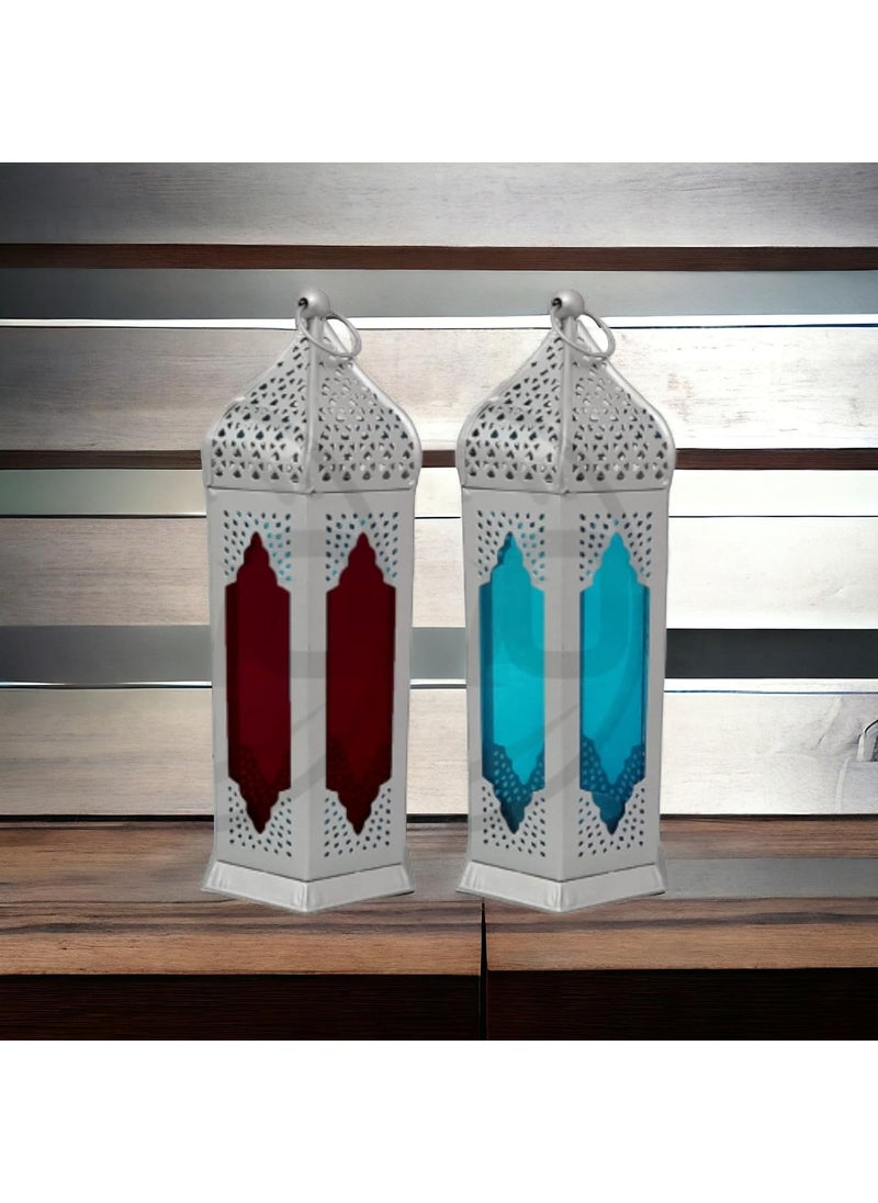 BWO BWO Moroccan Iron Antique Moksha Hanging Lantern Laltern Lamp with Tealight Candle Holder Laltern LampSet of 2 Combo SilverMaroon Blue 