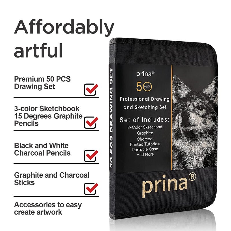 Prina 50 Pack Drawing Set Sketch Kit, Sketching Supplies with 3-Color Sketchbook, Graphite, and Charcoal Pencils, Pro Art Drawing Kit for Artists Adults Teens Beginner Kid, Ideal for Shading, Blending - Image 3