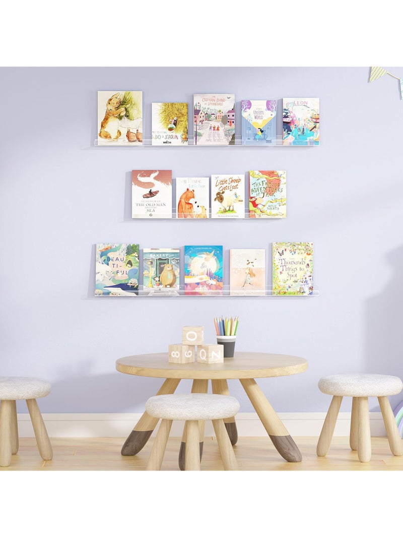 Uwals 6 Pack Clear Acrylic Shelves, 12" Nursery Book Shelves for Wall, Floating Bookshelf for Kids Baby, Vinyl Display, Record Holder, Magazine Rack, Picture Ledge Shelf - Image 2