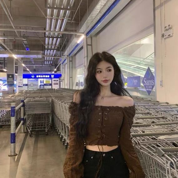 Off-shoulder Shirt Womens Clothing Design Sense Niche Short Shirt Autumn White French Off-shoulder Temperament Long-sleeved Top Brown [style] - Image 1