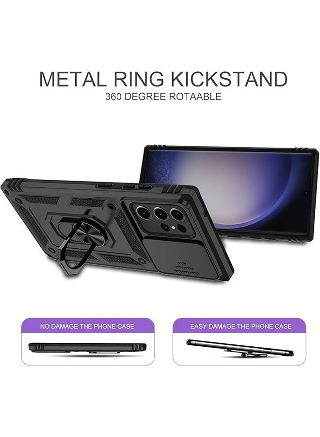 Samsung Galaxy S23 Ultra Case, Shockproof Cases, Anti-Fall Drop Protection, Built-in Slide Anti-Scratch Camera Lens Cover, Integrated 360 Degree Rotating Ring Kickstand, 6.8 Inch, Black - Image 2