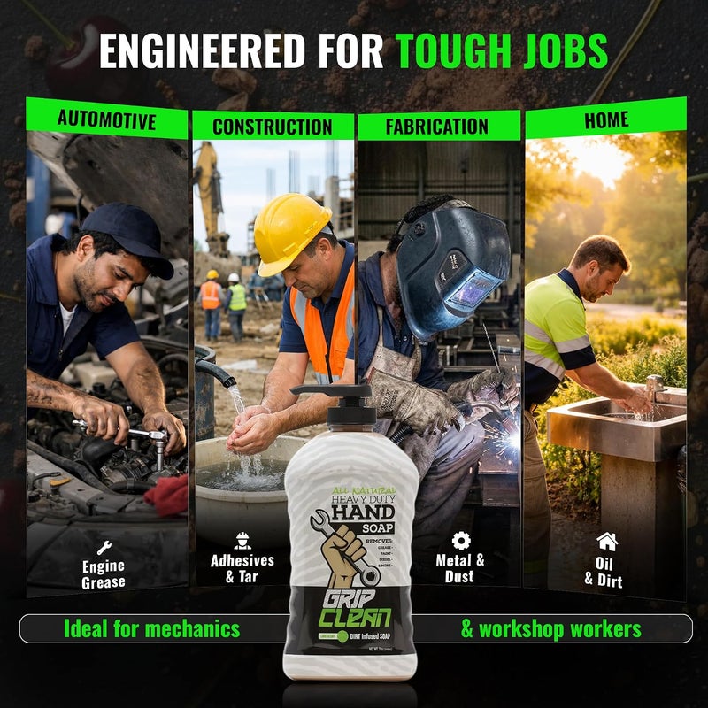 Grip Clean | Heavy Duty Hand Cleaner for Auto Mechanics & Industrial Work | Dirt-Infused Hand Soap Absorbs Grease/Oil, Stains, Odors & More. All Natural, Moisturizing & Lime Scented (500+ washes) - Image 5
