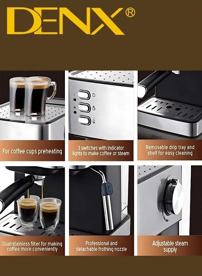 Denx Espresso Coffee Machine for Home, 1.6L Water Tank, 850W Power with Milk Frother, Cappuccino & Latte Maker, Steam Wand, Metal Filter, Temperature Indicator – Barista-Quality Brewing - Image 5