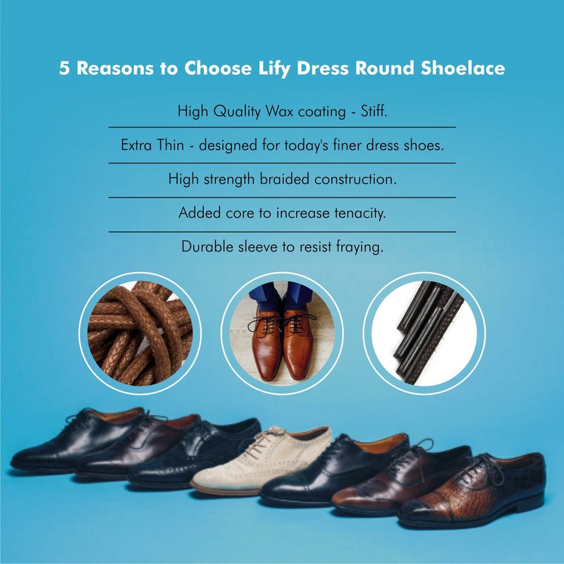 Lify رباط حذاء دائري رفيع من القطن المشمع للأحذية الرسمية / الأحذية الجلدية، متوفر بطول 60 سم (23.62 بوصة) و 80 سم (31.5 بوصة) - أسود - عبوة 3 أزواج - Image 3