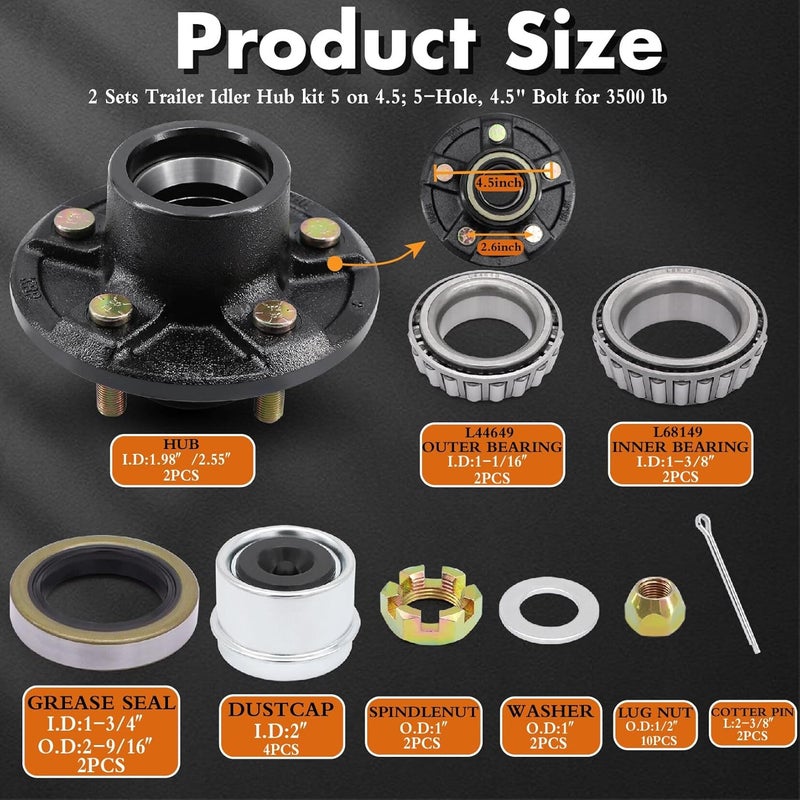Taxutor 2 Sets Trailer Hub Kits 5 Lug 4.5 with L44649 Bearings for 3500 lb Trailers - Image 5