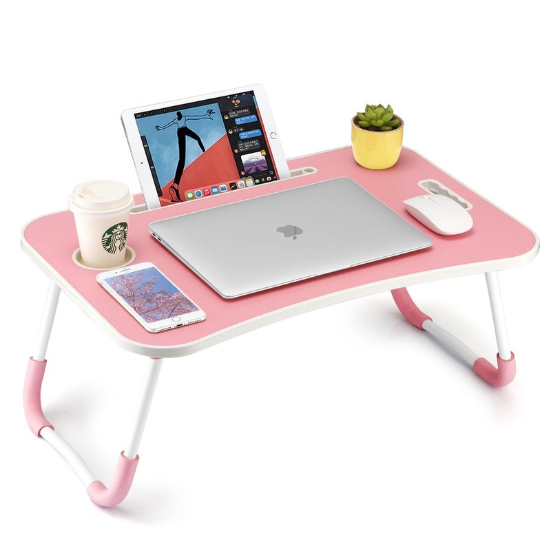 FISYOD Foldable Laptop Table, Portable Lap Desk Bed Table Tray, Laptop Stand with Cup Holder & Tablet Slot & Lifting Handle for Working Writing Drawing & Eating (Pink) - Image 1