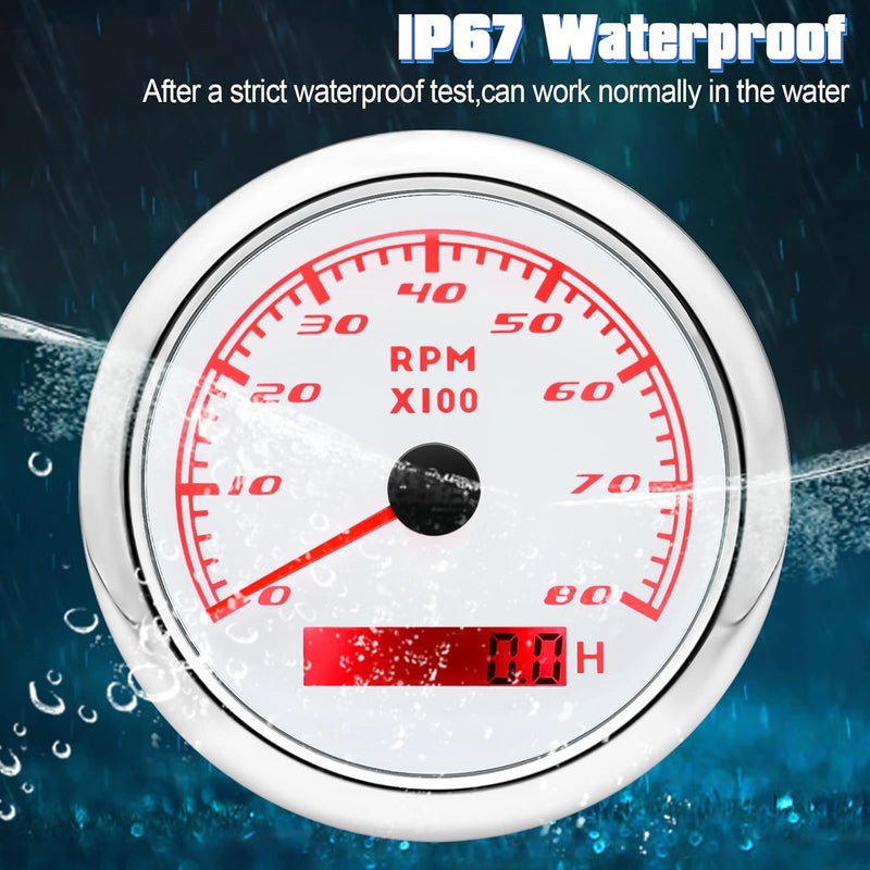 MAIMEIMI Tachometer Gauge 7 Color 0-8000 RPM Tacho Meter 85mm 3 3/8" for Auto Boat Marine Vehicle（White） - Image 5
