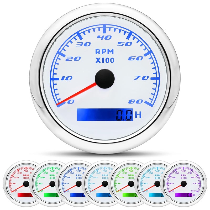 MAIMEIMI Tachometer Gauge 7 Color 0-8000 RPM Tacho Meter 85mm 3 3/8" for Auto Boat Marine Vehicle（White） - Image 1