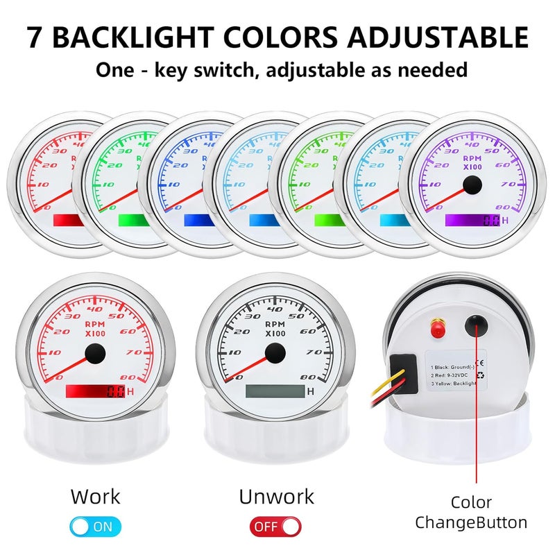MAIMEIMI Tachometer Gauge 7 Color 0-8000 RPM Tacho Meter 85mm 3 3/8" for Auto Boat Marine Vehicle（White） - Image 4